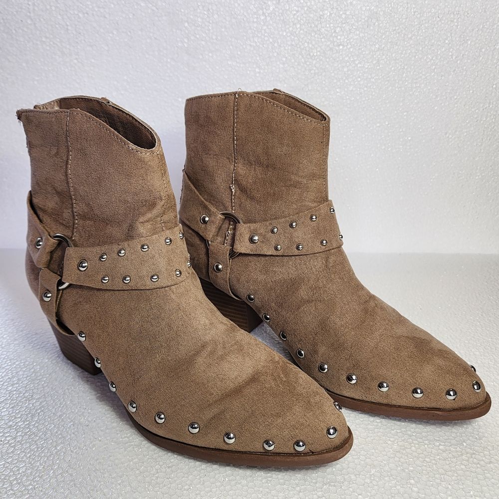 Portland Boot Company Arizona Studded Taupe Suede Ankle Boots with Buckle Strap